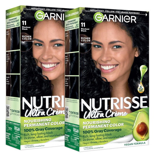 Garnier Nutrisse Ultra Crème Hair Color, Permanent Hair Dye with 100% Gray Coverage, Vegan & Cruelty-Free, 11 Blackest Black (Peppercorn), 2 Count Beauty & Personal Care Garnier