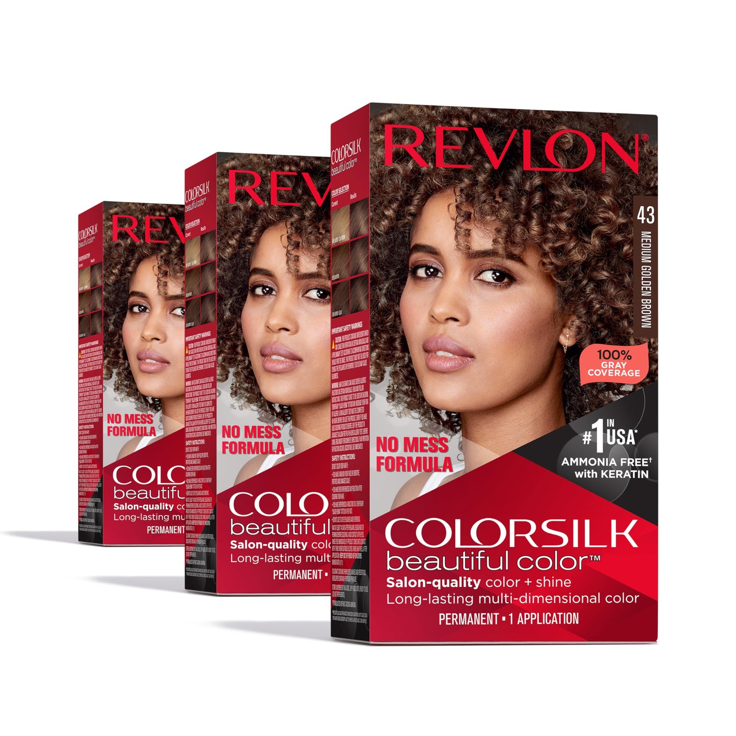 Revlon Colorsilk Beautiful Color Permanent Hair Color, (OLD VERSION) 43 Medium Golden Brown (Pack of 3)