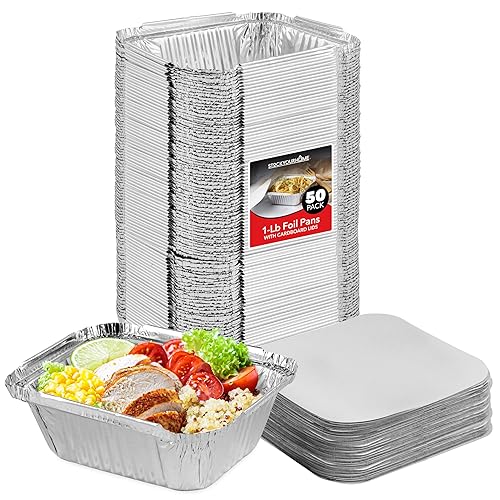 Small Aluminum Pans Take Out Containers (50 Pack) 50 Foil Oblong Pans and 50 Cardboard Lids - 1 Lb Tin Pans - Disposable Food Storage Containers…