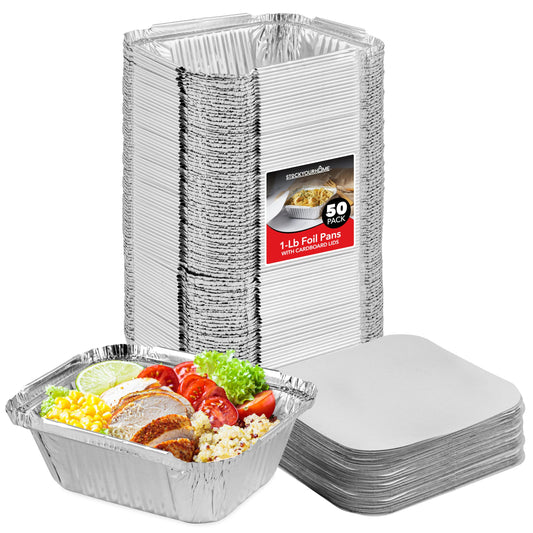 Small Aluminum Pans Take Out Containers (50 Pack) 50 Foil Oblong Pans and 50 Cardboard Lids - 1 Lb Tin Pans - Disposable Food Storage Containers…