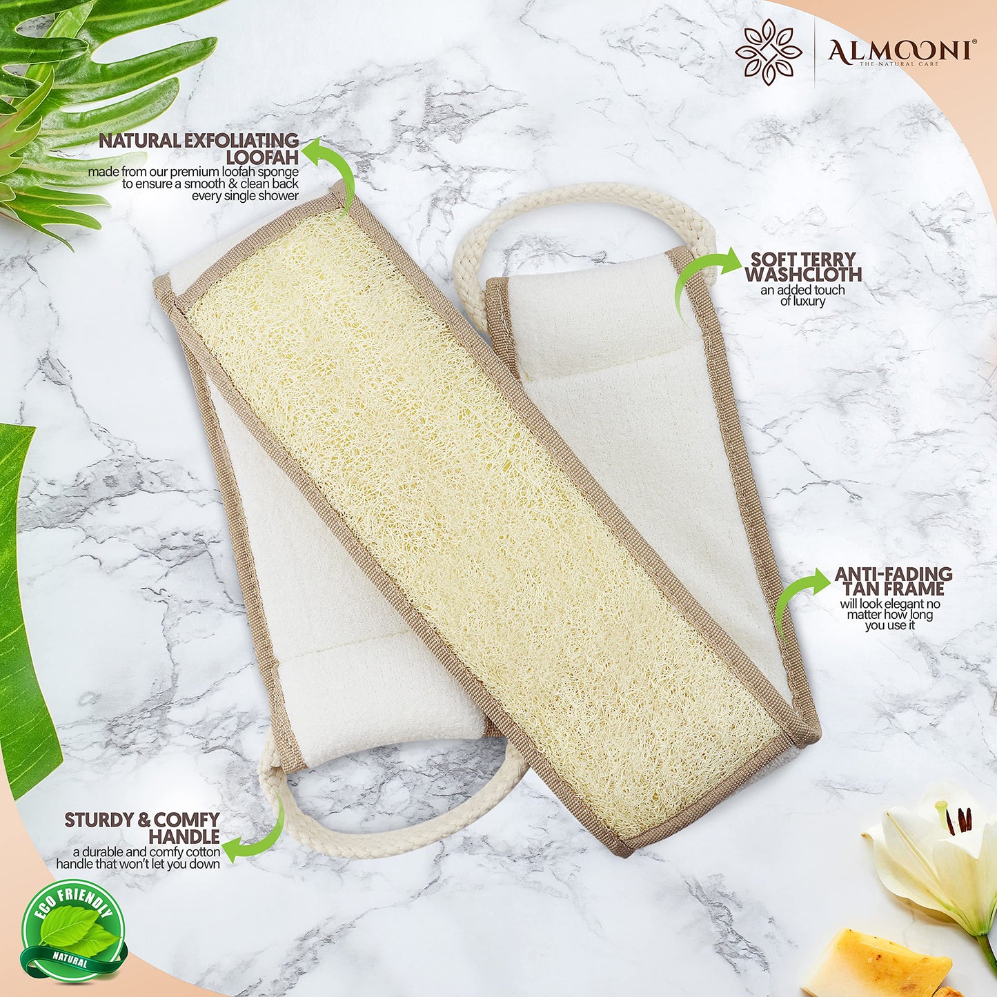 Almooni Natural Egyptian Loofah Back Scrubbers for Use in Shower, Exfoliating Natural Loofah Back Scrubber for Shower for Men and Women to Clean Your