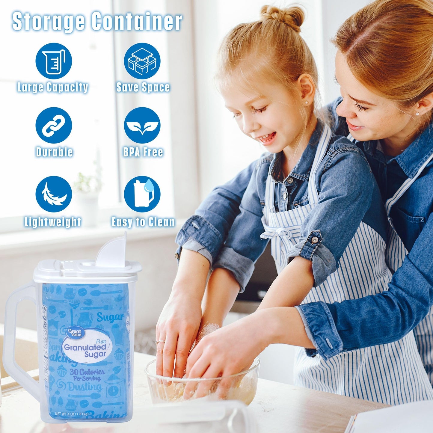 Buddeez Kitchen Pantry Container - Easy Grip Handle for Mess Free Use - Flour and Sugar Storage Made Simple - 4 Quart White Lid