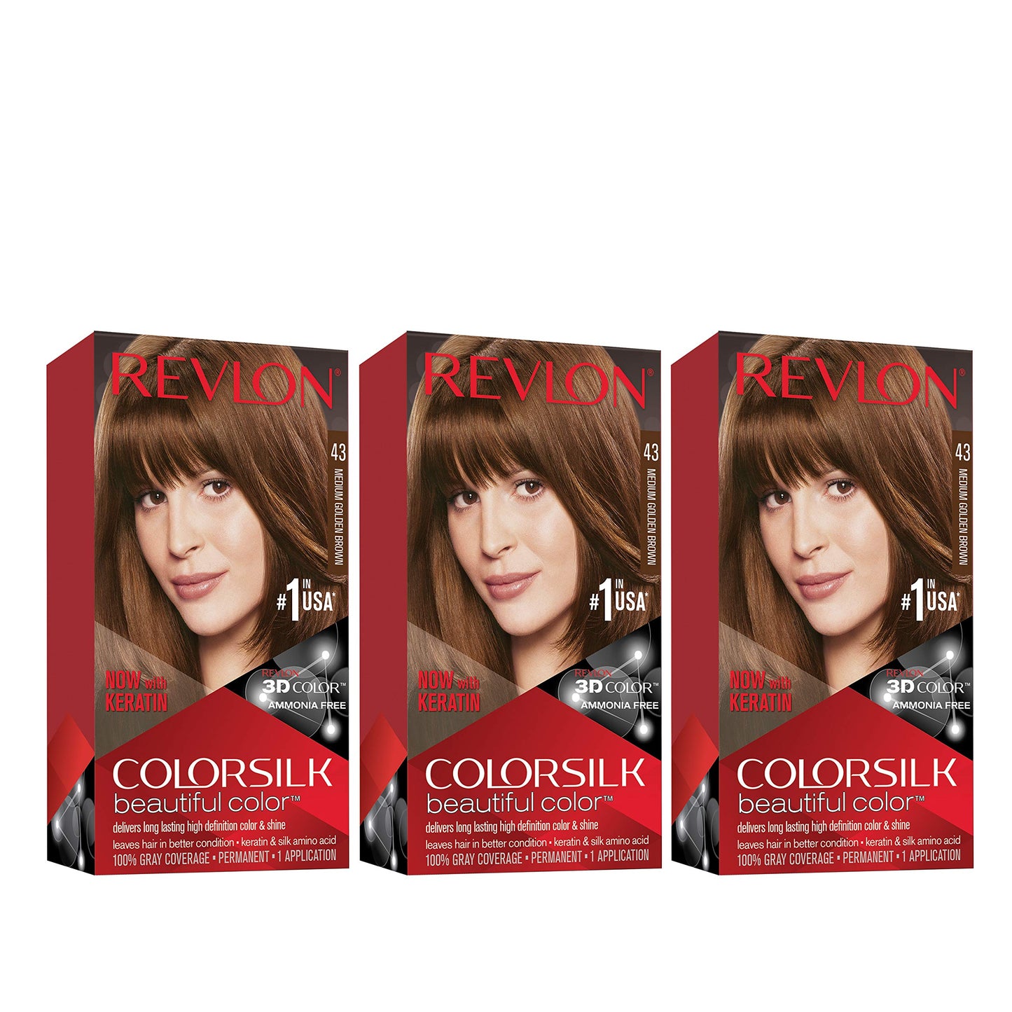 Revlon Permanent Hair Color, Permanent Hair Dye, Colorsilk with 100% Gray Coverage, Ammonia-Free, Keratin and Amino Acids, 43 Medium Golden Brown, 4.4