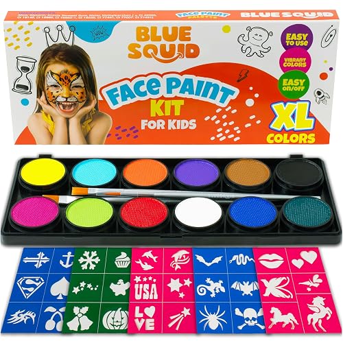 Blue Squid Face Painting Kit for Kids - 120g/4.23oz Face Paint Kit Palette, Stencils, 12 Colors - Safe for Sensitive Skin, Non Toxic Face Painting Kit