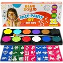 Blue Squid Face Painting Kit for Kids - 120g/4.23oz Face Paint Kit Palette, Stencils, 12 Colors - Safe for Sensitive Skin, Non Toxic Face Painting Kit