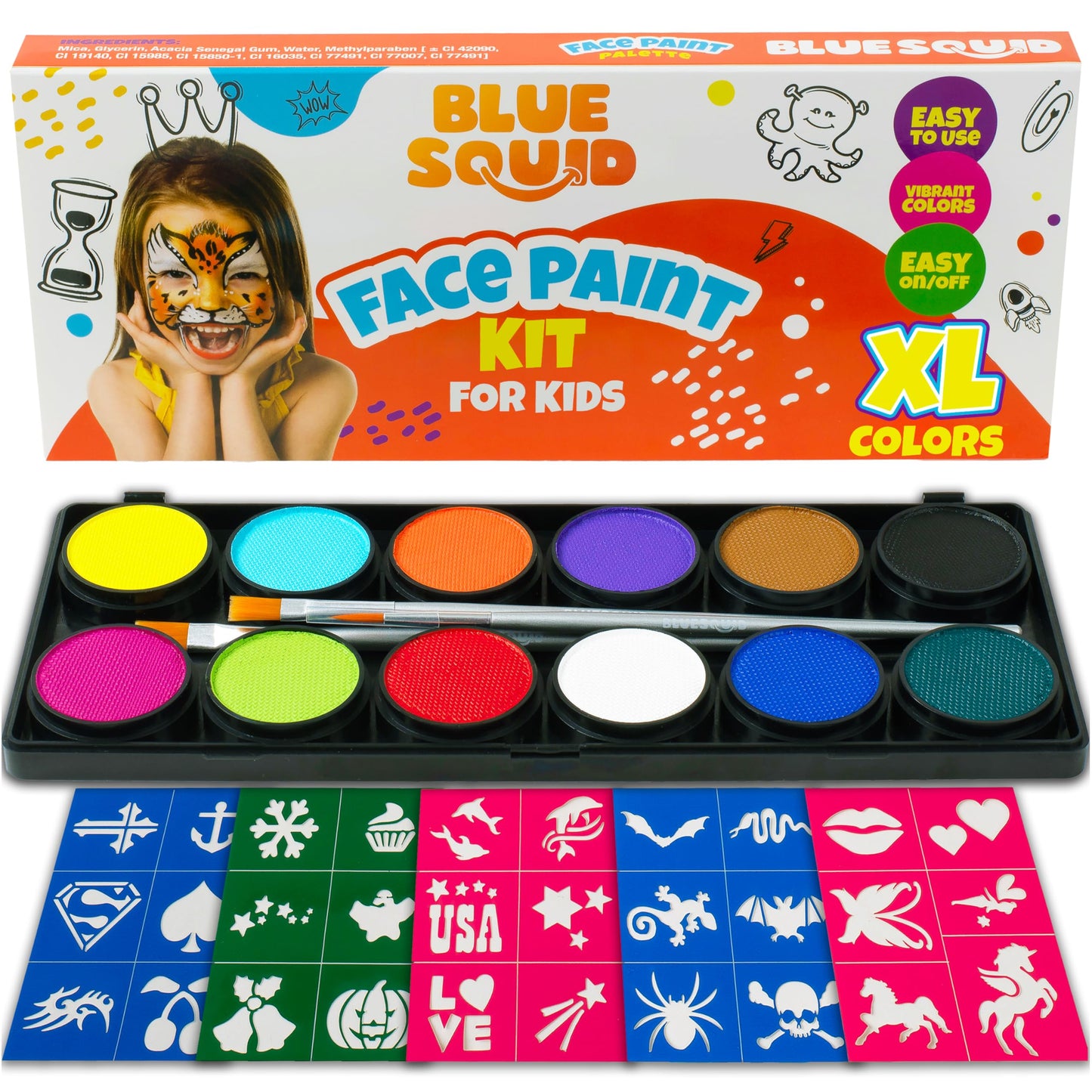 Blue Squid Face Painting Kit for Kids - 120g/4.23oz Face Paint Kit Palette, Stencils, 12 Colors - Safe for Sensitive Skin, Non Toxic Face Painting Kit