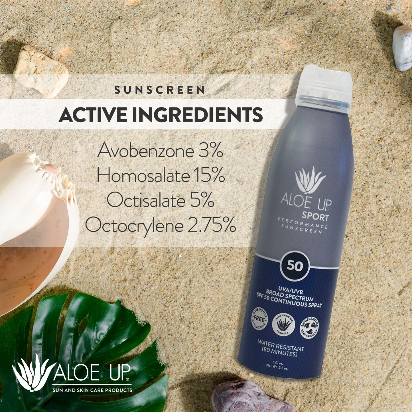 ALOE UP Sport Continuous Spray Sunscreen SPF 50 - Broad Spectrum UVA/UVB Sunscreen Protector for Face and Body - With Aloe Vera Gel - Fast Absorbing