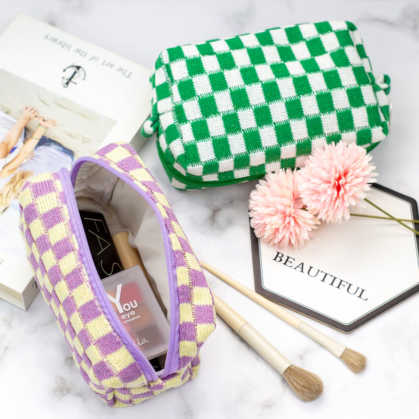 PAZIMIIK Checkered Makeup Bag for Purse Portable Zipper Make Up Pouch Small Cosmetic Case for Travel Accessories (Purple) Beauty and Personal Care PAZIMIIK
