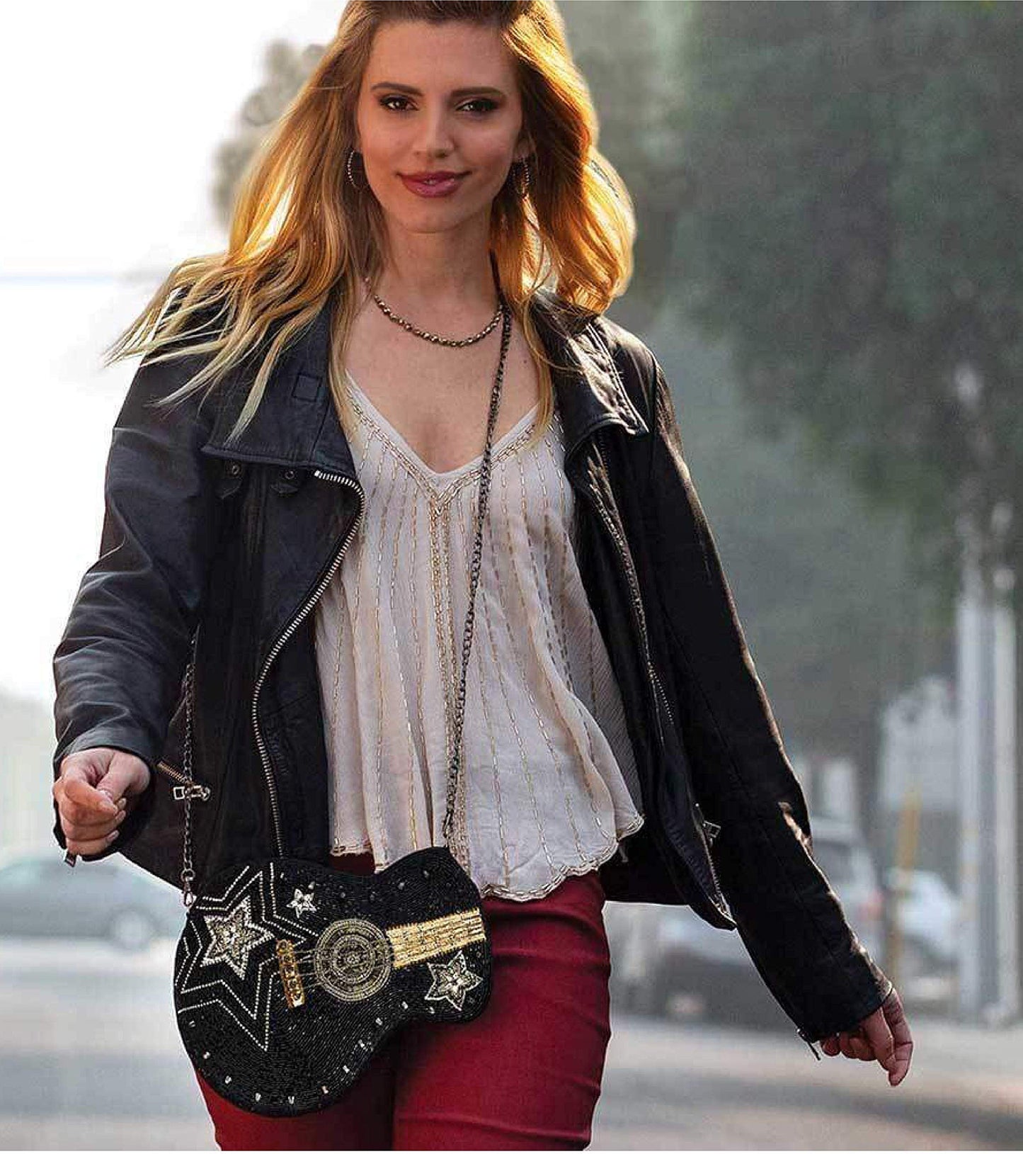 Mary Frances Superstar Beaded Handbag Guitar Glam Crossbody Bag, Black