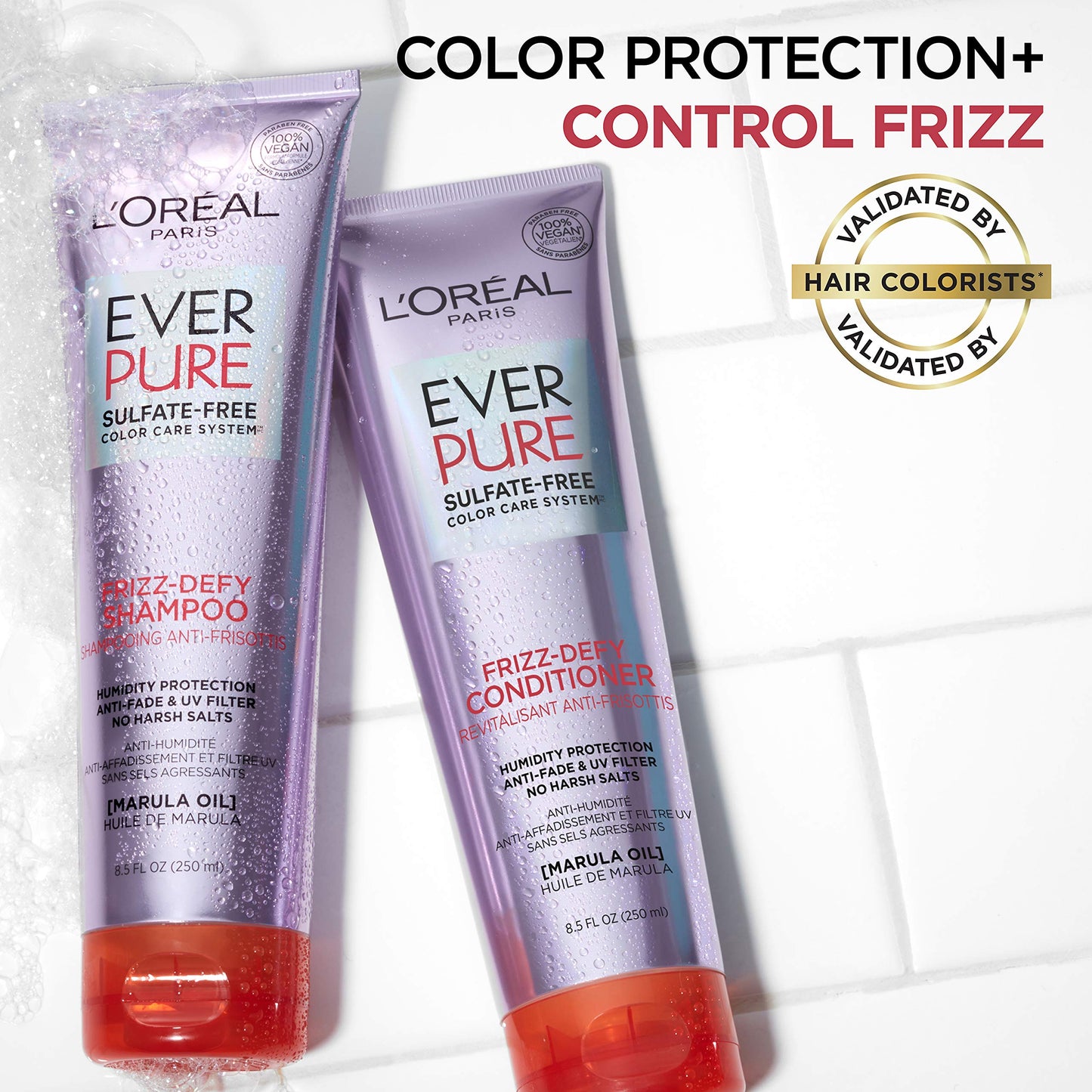 L'Oreal Paris Hair Care EverPure Sulfate Free Frizz Defy Conditioner, with Marula Oil, 2 Count (8.5 Fl; Oz each) (Packaging May Vary)