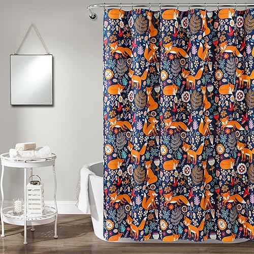 Lush Decor Pixie Fox Shower Curtain, 72" W x 72" L, Navy - Navy Shower Curtain - Fun Kids Floral & Animal Bathroom Decor