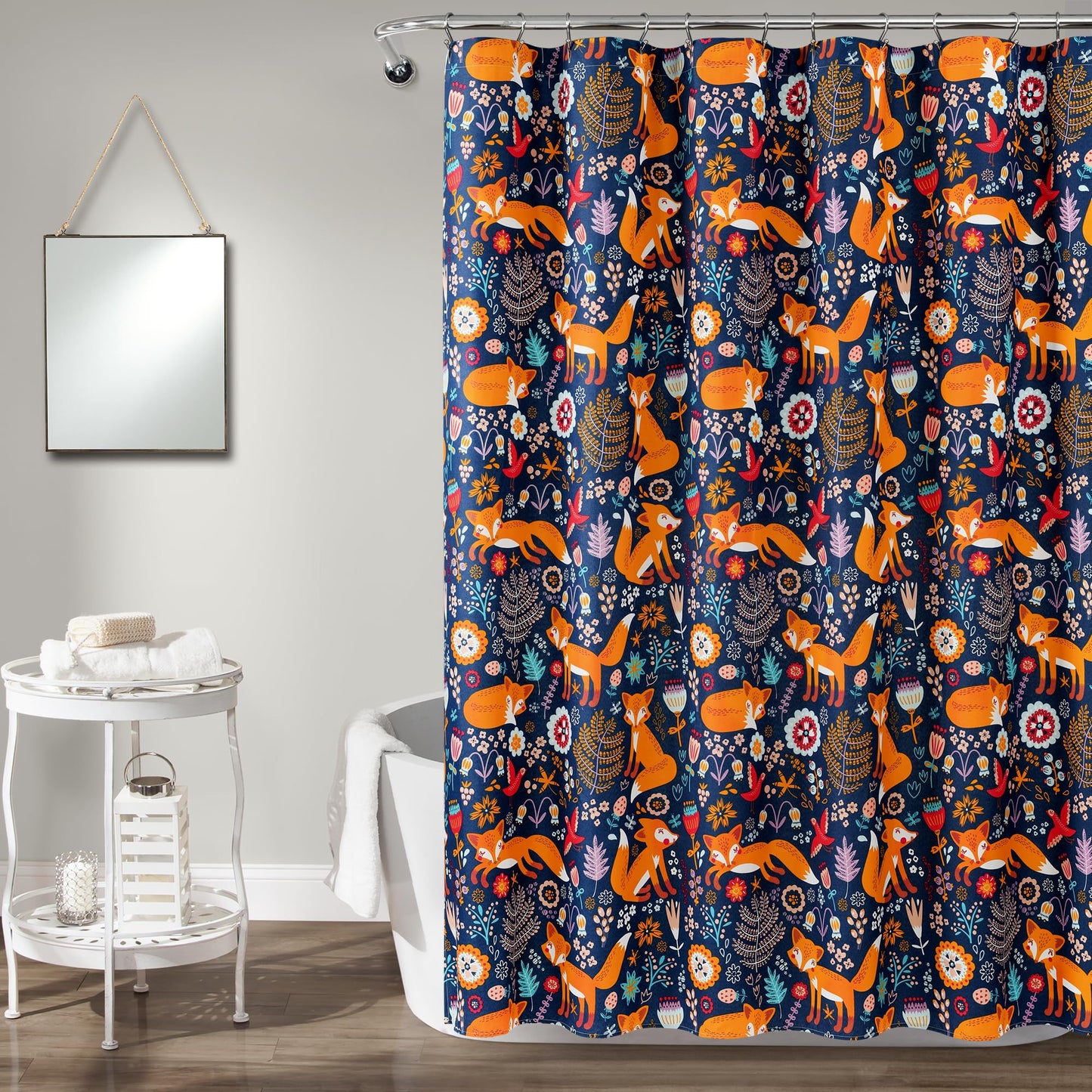 Lush Decor Pixie Fox Shower Curtain, 72" W x 72" L, Navy - Navy Shower Curtain - Fun Kids Floral & Animal Bathroom Decor