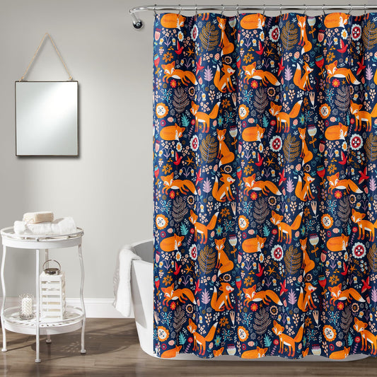Lush Decor Pixie Fox Shower Curtain, 72" W x 72" L, Navy - Navy Shower Curtain - Fun Kids Floral & Animal Bathroom Decor