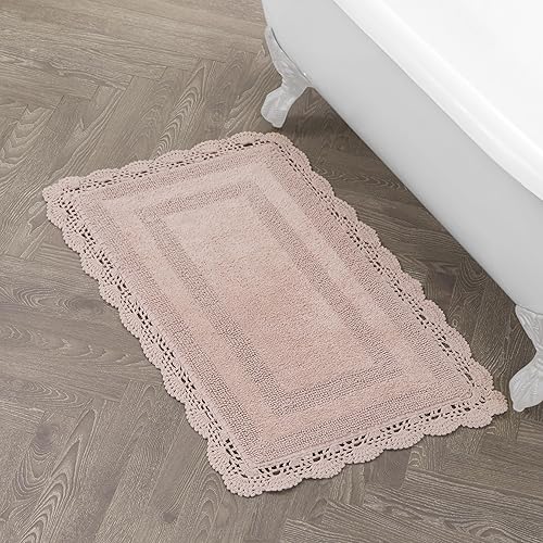 Laura Ashley Absorbent Bath Mat Reversible Crochet Soft and Plush Bathroom Mat 100% Cotton 24x40 Bath Rug, Blush Pink