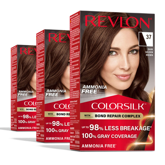 Revlon ColorSilk with Bond Repair Complex, Brown Permanent Hair Color, 100% Gray Coverage, Ammonia Free Hair Dye, Vegan Keratin, 37 Dark Golden Brown