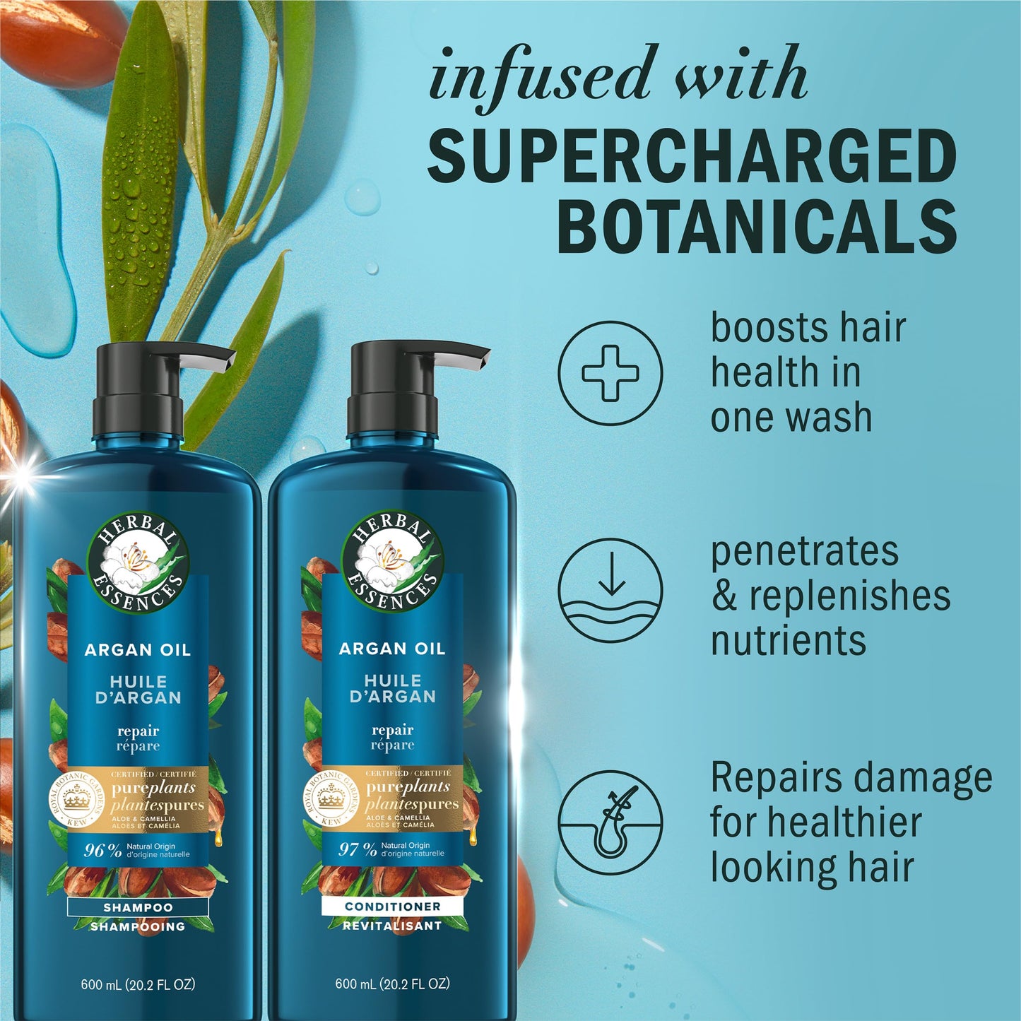 Herbal Essences Argan Oil Repair Shampoo & Conditioner Set, Moisturizes & Smoothes, Paraben-Free, Color-Safe, pH-Balanced, Citrus Scent, 20.2 Fl Oz