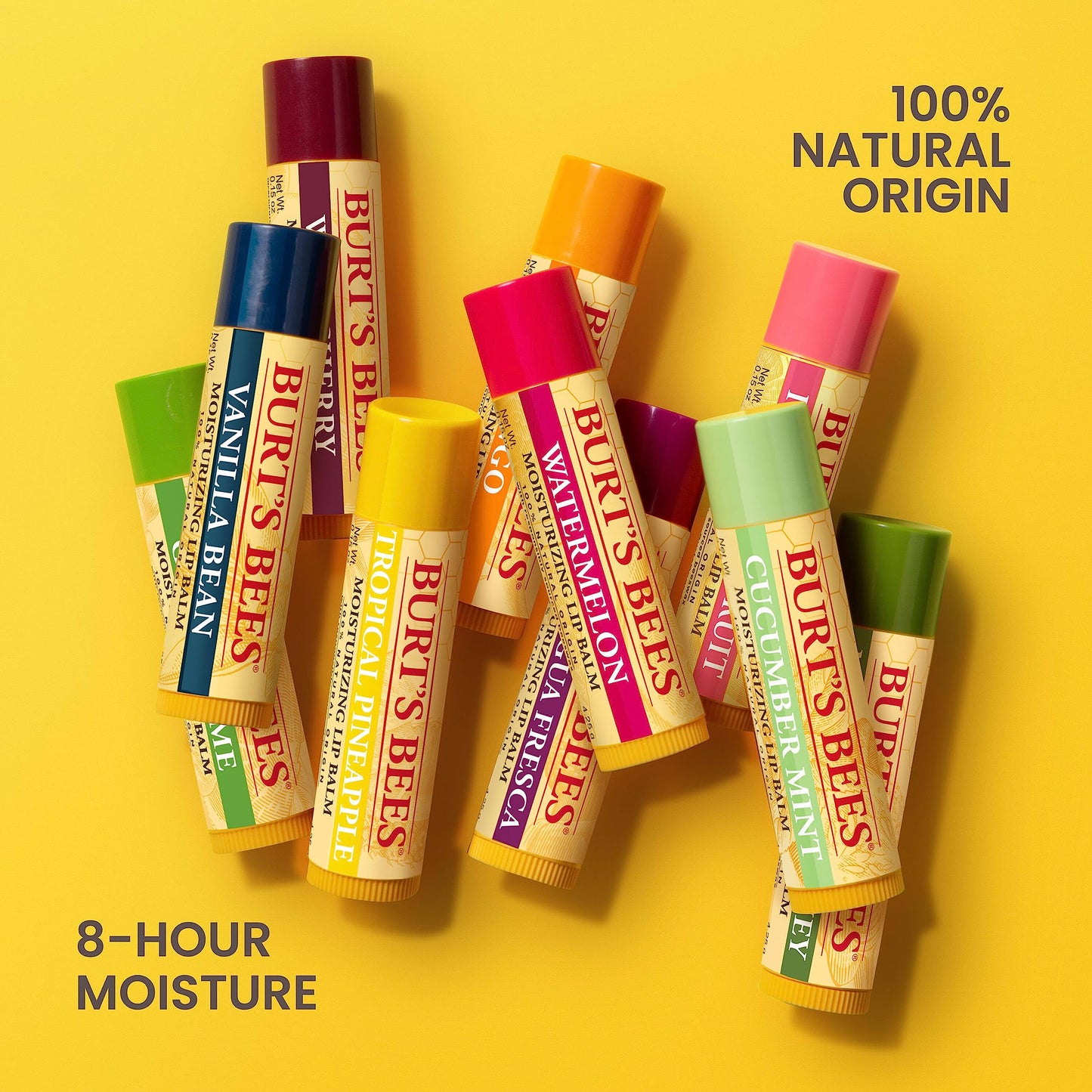 Burt's Bees Lip Balm, Beeswax, Strawberry, Coconut and Pear, and Vanilla Bean Pack, With Responsibly Sourced Beeswax, Tint-Free, Natural Lip