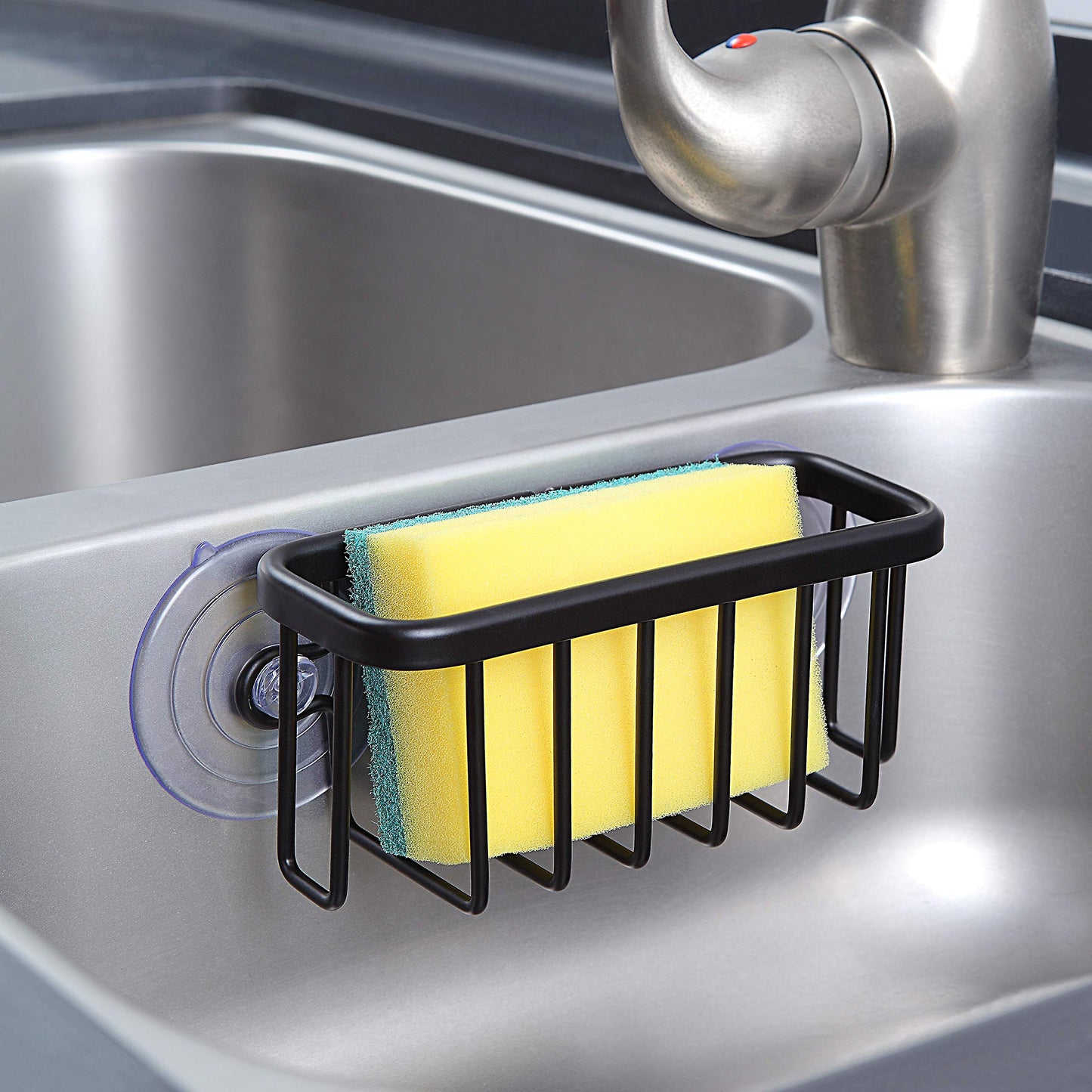 SunnyPoint NeverRust Sink Caddy for Sponges, Soap & Scrubbers, Adhesive Mount with Extra Suction Cup, Aluminum, 6"x2.5"x2.75", Black