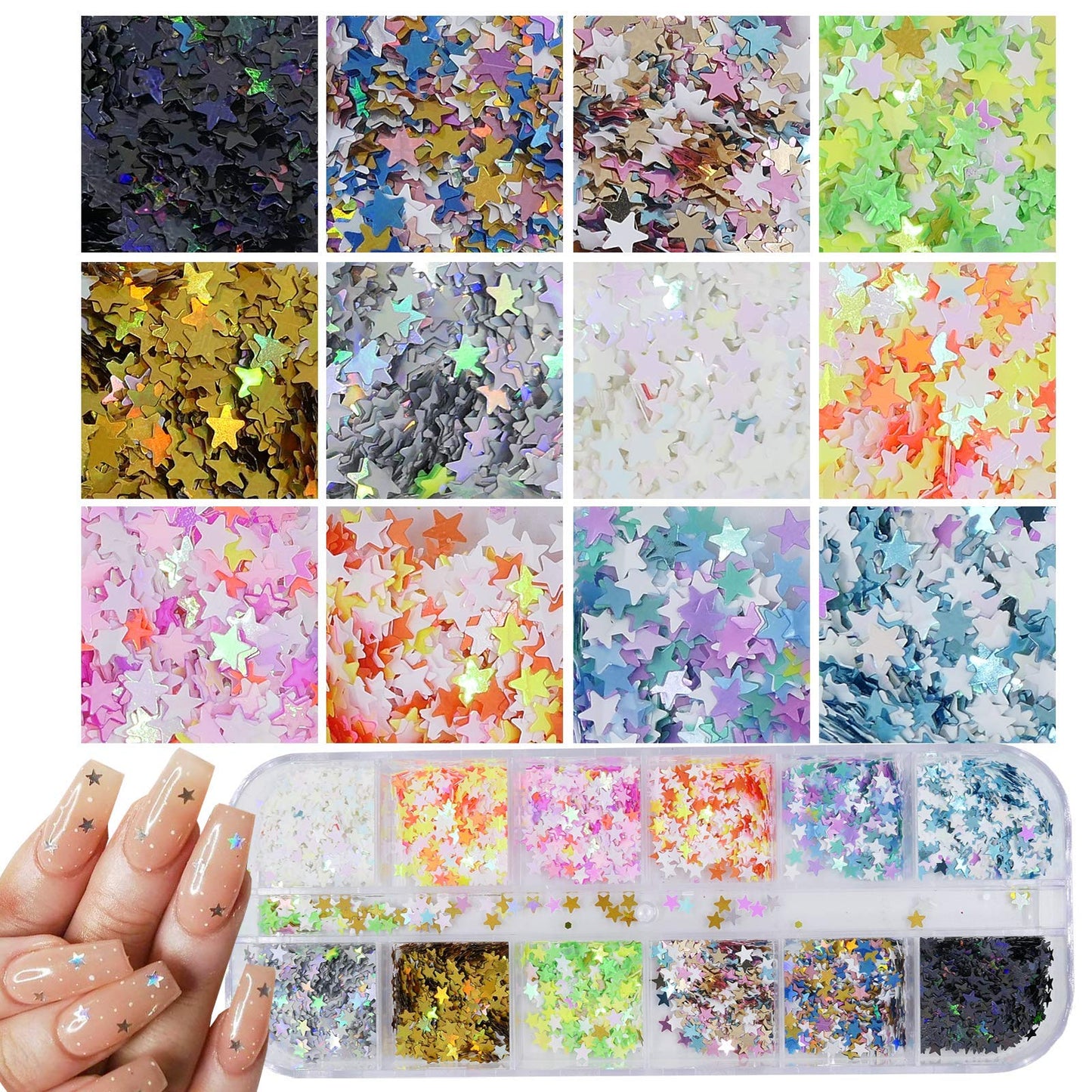 AddFavor 4 Boxes Holographic Nail Sequins Shapes Mixed Iridescent Nail Glitter Flakes Butterfly Hearts Star DIY Design Manicure Decorations Sets