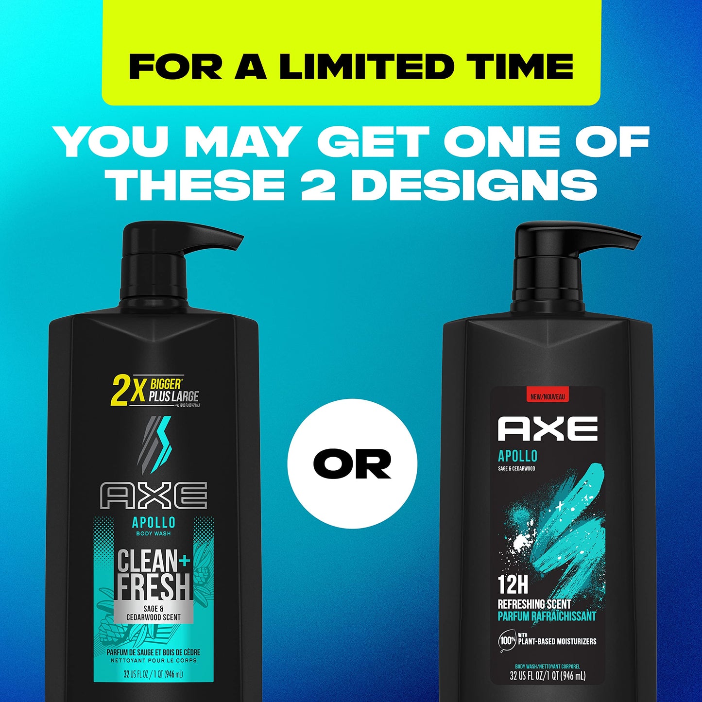 AXE Body Wash All-Day Fresh Shower Gel Apollo Sage & Cedarwood Men's Body Wash with Odor-Busting Prebiotics 32 oz Pump