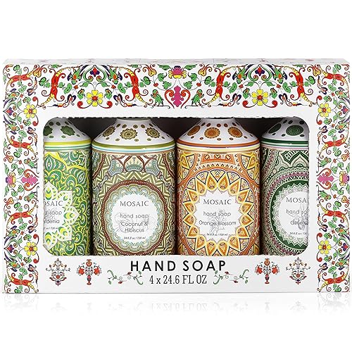 Mosaic Liquid Hand Soap / Wash Gift Set, Ideal Bathroom Kitchen Hand Soap Set , Olive Oil + Coconut & Hibiscus + Gardenia + Orange Blossom, 4 x 24.6