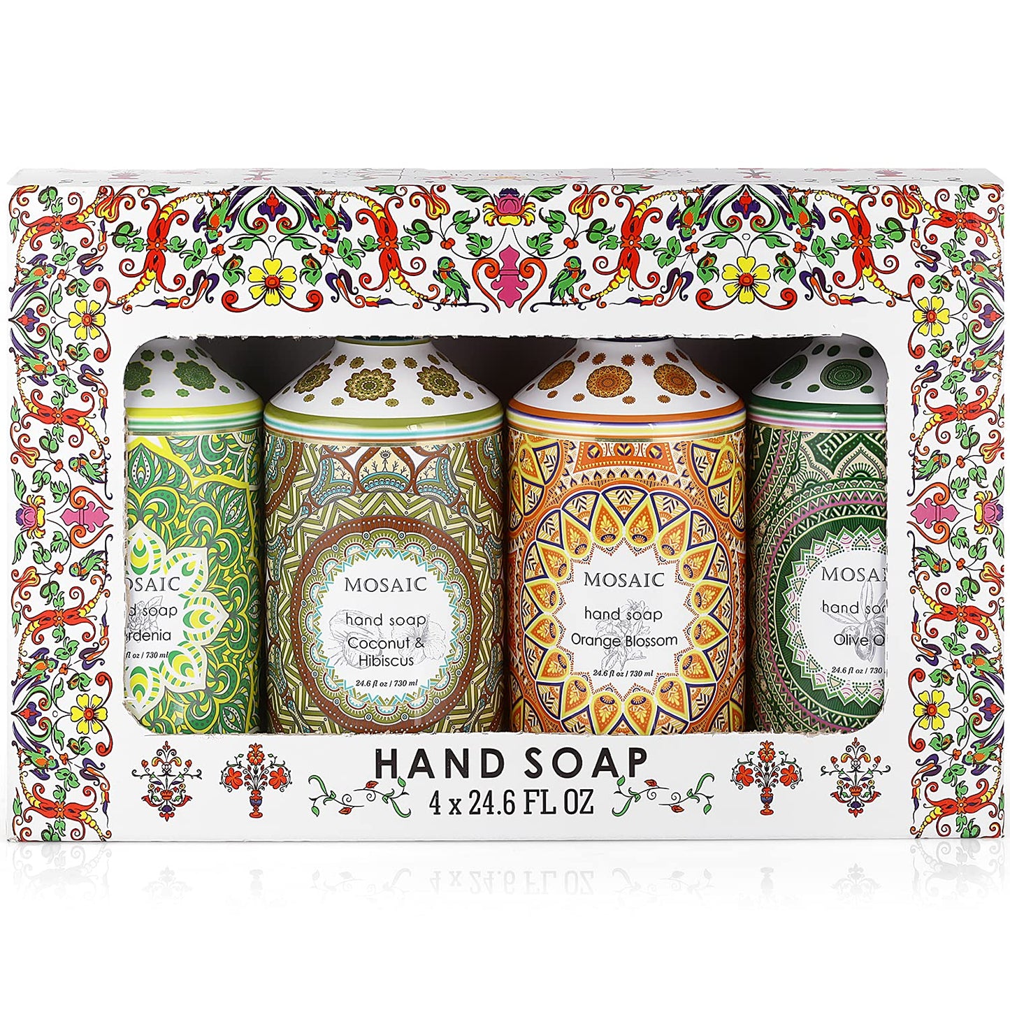 Mosaic Liquid Hand Soap / Wash Gift Set, Ideal Bathroom Kitchen Hand Soap Set , Olive Oil + Coconut & Hibiscus + Gardenia + Orange Blossom, 4 x 24.6