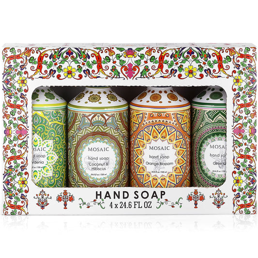 Mosaic Liquid Hand Soap / Wash Gift Set, Ideal Bathroom Kitchen Hand Soap Set , Olive Oil + Coconut & Hibiscus + Gardenia + Orange Blossom, 4 x 24.6