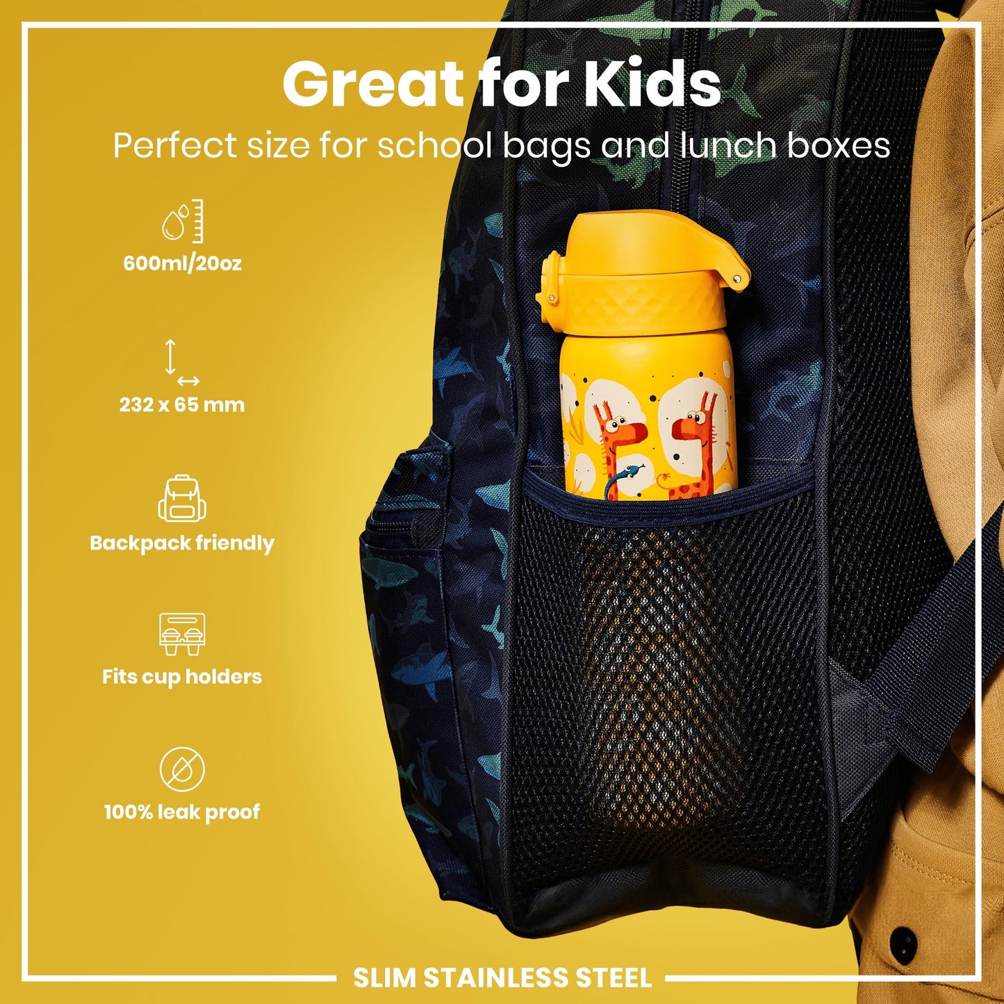 Ion8 Steel Water Bottle, 600 ml/20 oz, Leak Proof, Easy to Open, Secure Lock, Dishwasher Safe, Flip Cover, Fits Cup Holders, Carry Handle, Durable