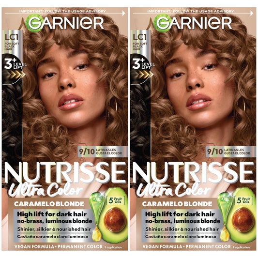 Garnier Nutrisse Ultra Color Nourishing Bold Permanent Hair Color Creme, LC1 Hi-Lift Light Brown (Salted Caramelo), Pack of 2, Hair Dye Kit for 8