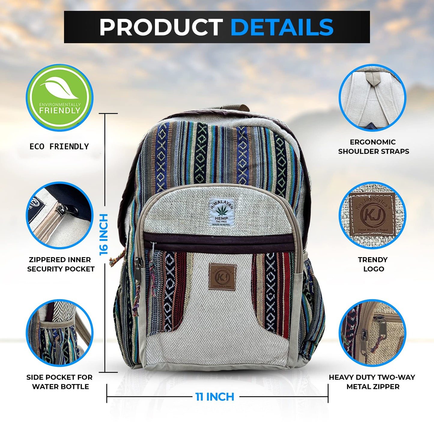 KayJayStyles Natural Handmade Large Multi Pocket Hemp Nepal Backpack