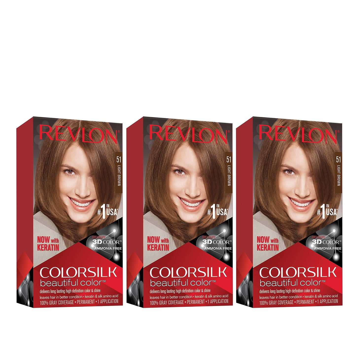 Revlon Permanent Hair Color, Permanent Hair Dye, Colorsilk with 100% Gray Coverage, Ammonia-Free, Keratin and Amino Acids, 51 light Brown, 4.4 Oz