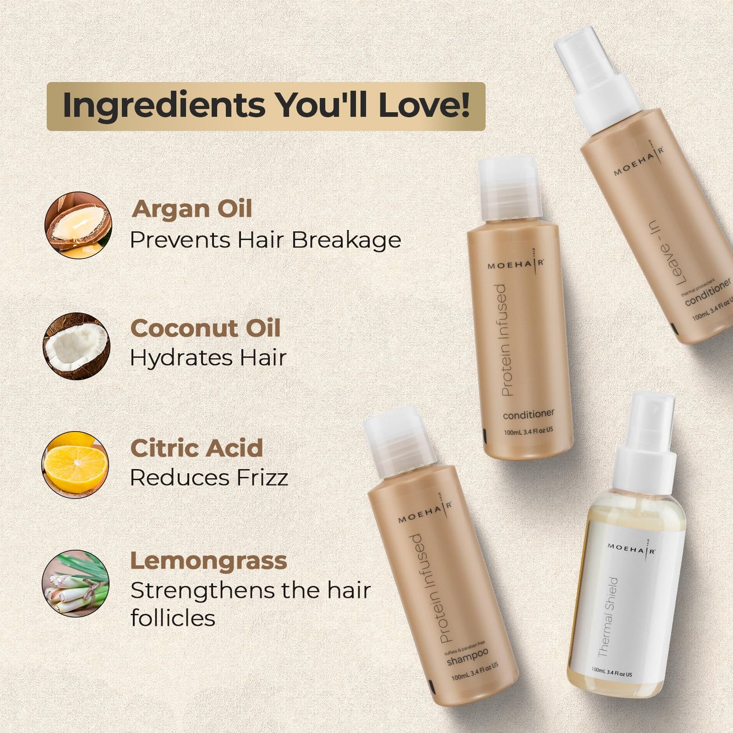 Moehair Travel Size Toiletries (Protein-Infused Shampoo, Conditioner, Leave-In Conditioner & Heat Protectant Spray) |Travel Shampoo and Conditioner