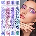 GABOX 8-Jar Mermaid Purple Glitter Set, Holographic Fine Powder & 1mm & 2mm & 3mm Sequins Flakes Set for Cosmetic - Nail - Resin, Iridescent Art