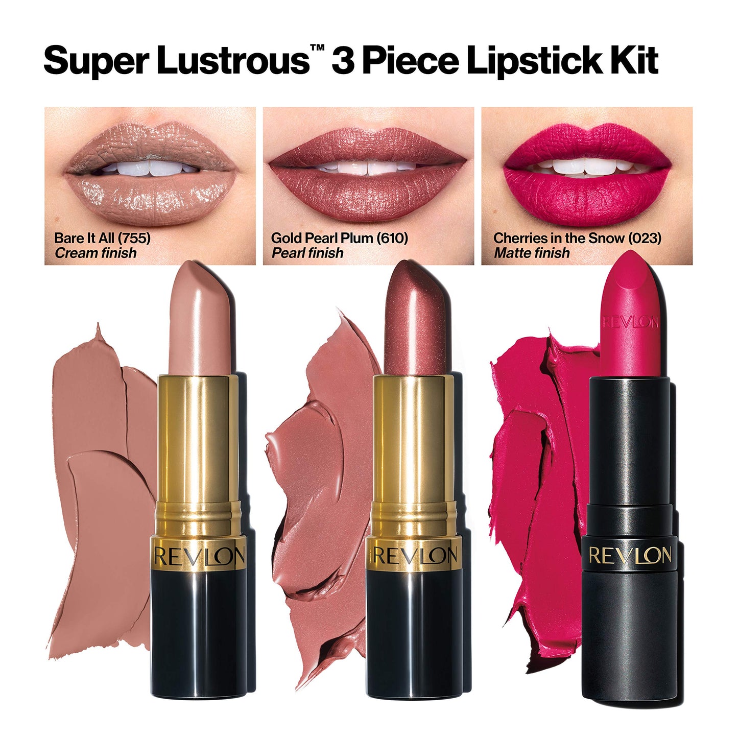 Revlon Super Lustrous 3-Piece Lipstick Gift Set, High Impact, Multi-Finish in Cream, Pearl & Matte, 755 Bare It All (Cream), 610 Gold Pearl Plum