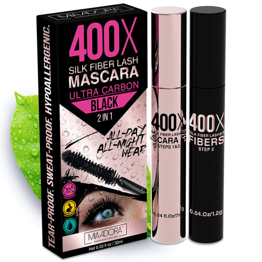 400X Pure Silk Fiber Lash Mascara [Ultra Black Volume and Length], Longer & Thicker Eyelashes. Waterproof, Long Lasting, Instant & Very Easy to Apply