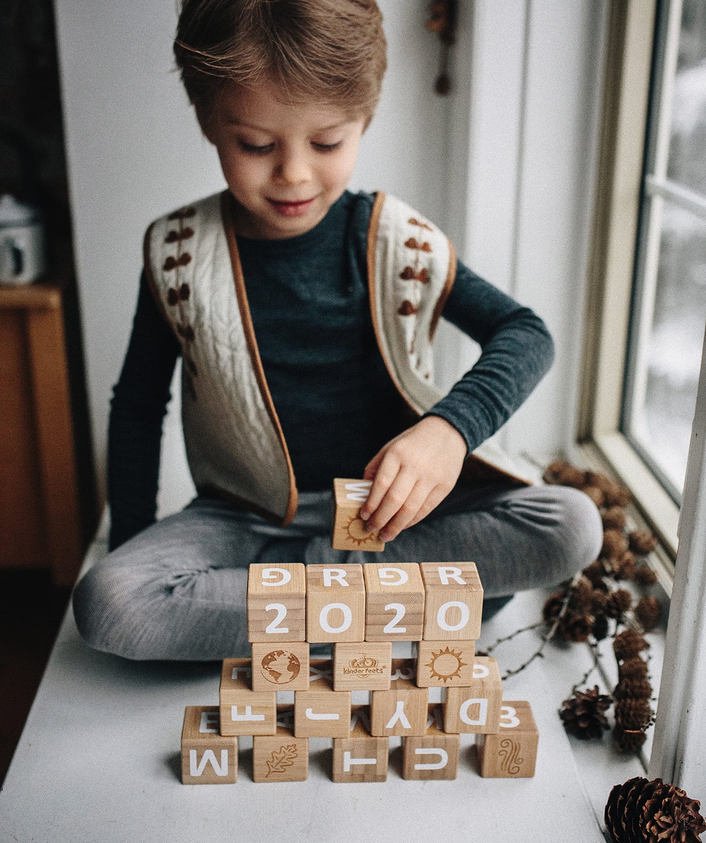Kinderfeets Bamboo ABC Blocks 18pc – Educational Build & Stack Toy with Letters, Numbers & Symbols for Toddlers 12mo+