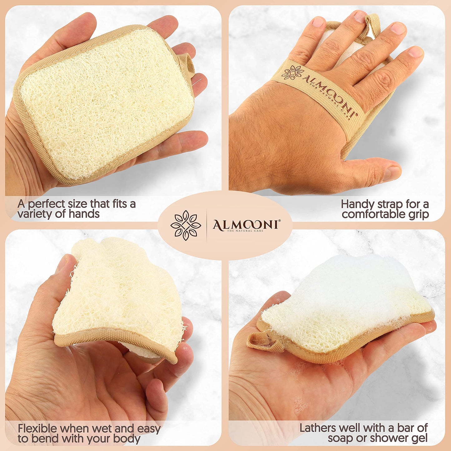Almooni Premium Egyptian Exfoliating Loofah Pad Body Scrubber - Rectangular loofa Shape - Made with Natural Egyptian Shower lufa Sponge That Gets You