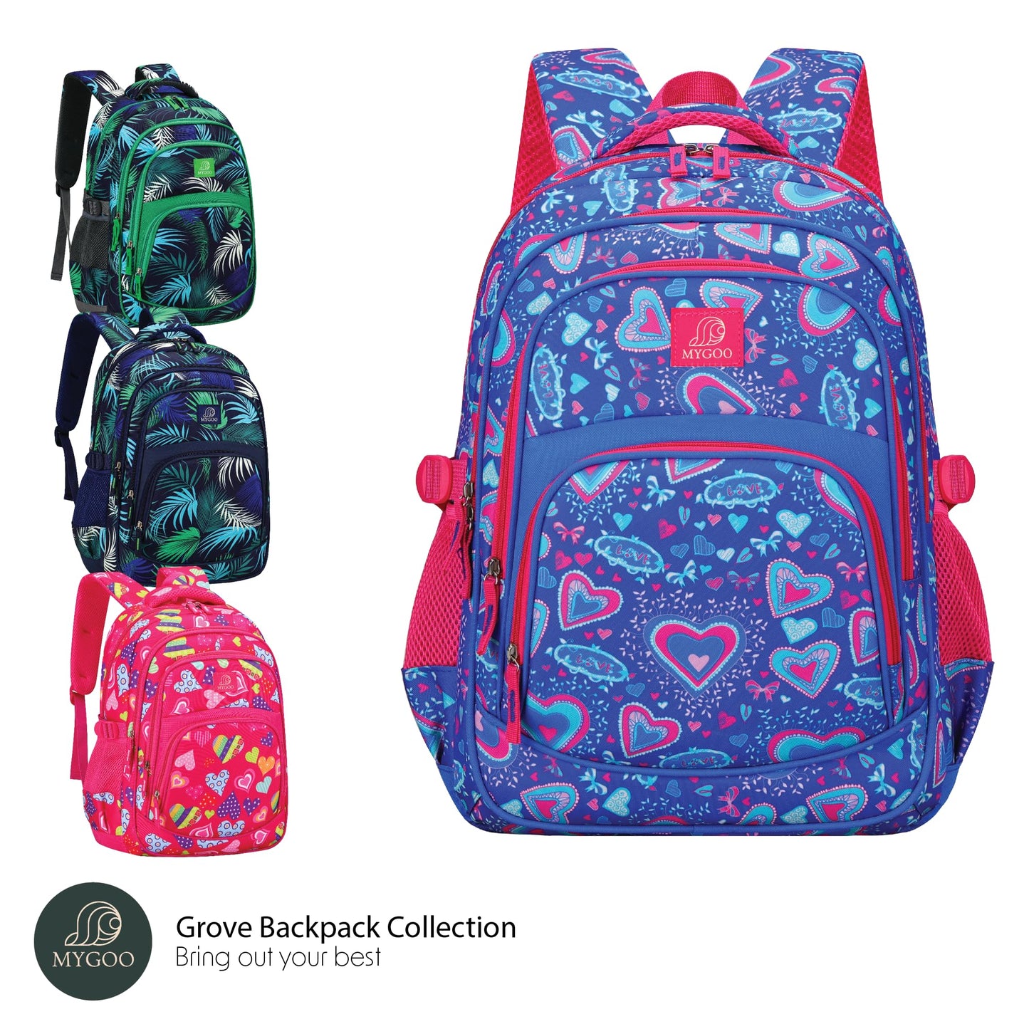 MYGOO Tropical Kids Backpack for Girls | 17" Heart Blue | Grove Collection | Designed for School-Aged Children