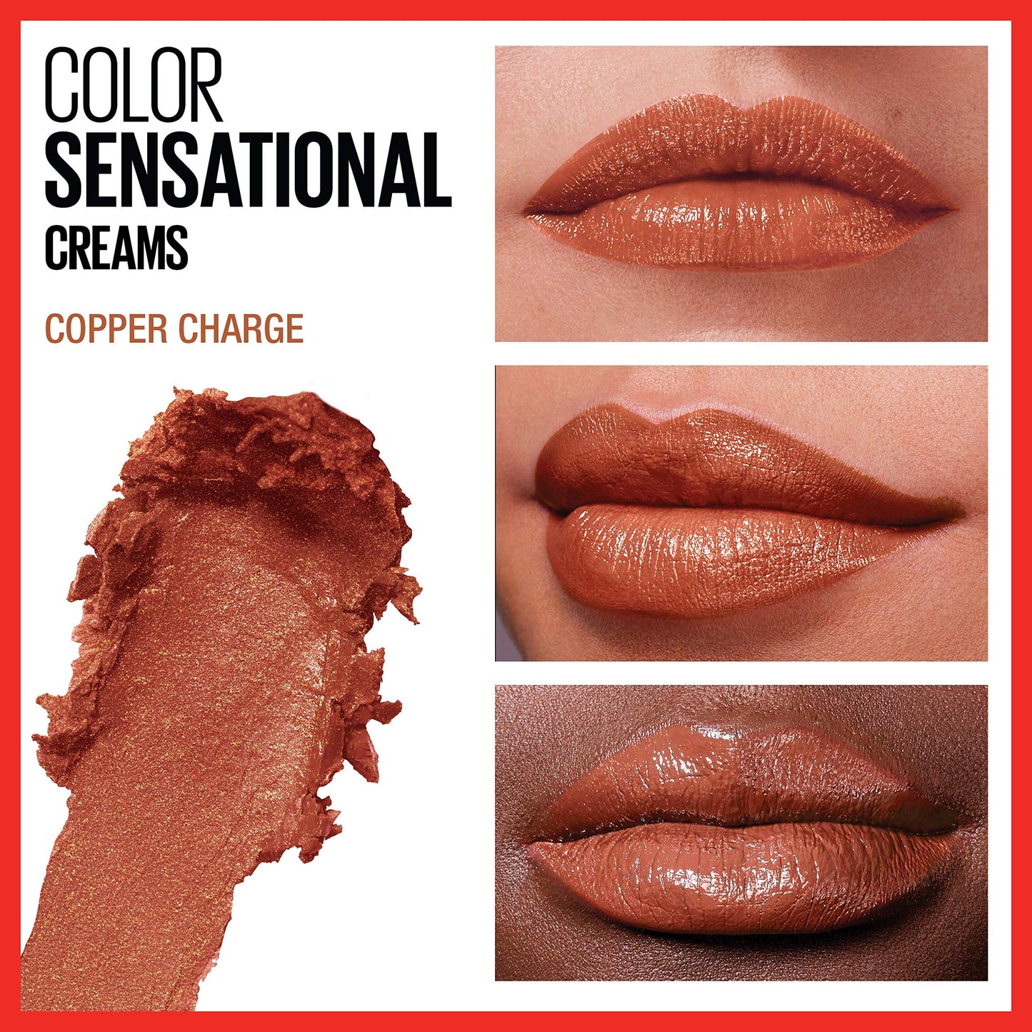 Maybelline Color Sensational Lipstick, Lip Makeup, Cream Finish, Hydrating Lipstick, Nude, Pink, Red, Plum Lip Color, Copper Charge, 0.15 oz;