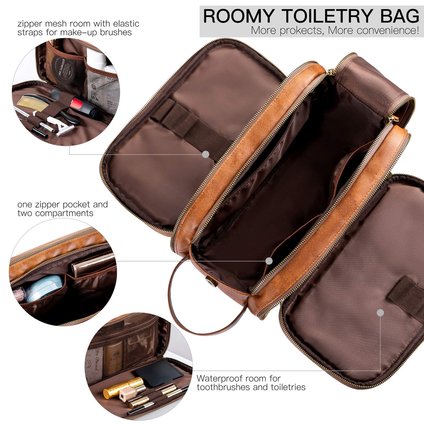Elviros Travel Toiletry Bag for Men PU Leather Dopp Kit (Small, Brown) Beauty and Personal Care Elviros