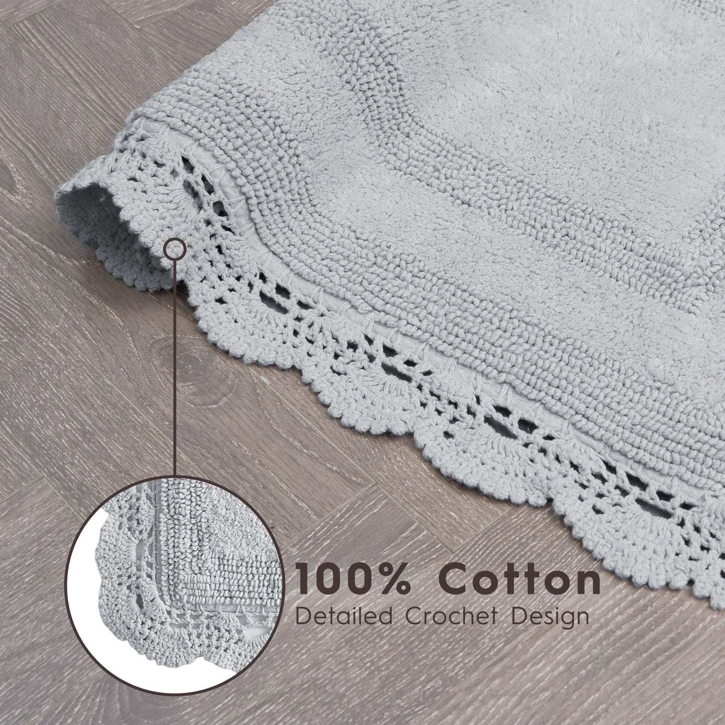 Laura Ashley Absorbent Bath Mat Reversible Crochet Soft and Plush Bathroom Mat 100% Cotton 24x40 Bath Rug, Light Grey