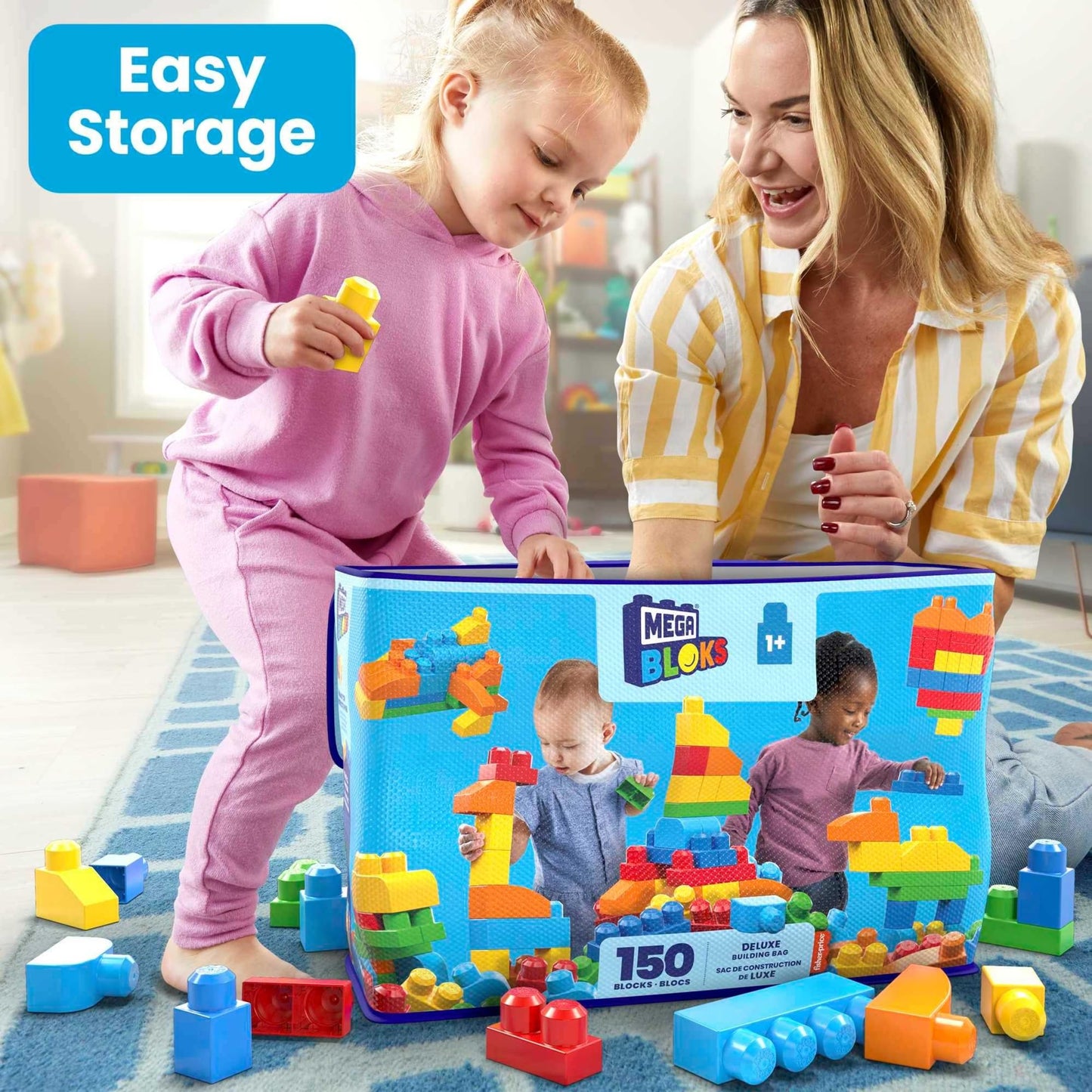 MEGA BLOKS First Builders Deluxe Building Bag with 150 Toddler Blocks, Preschool Learning Toy Set with Storage, Blue, Ages 1+ Years
