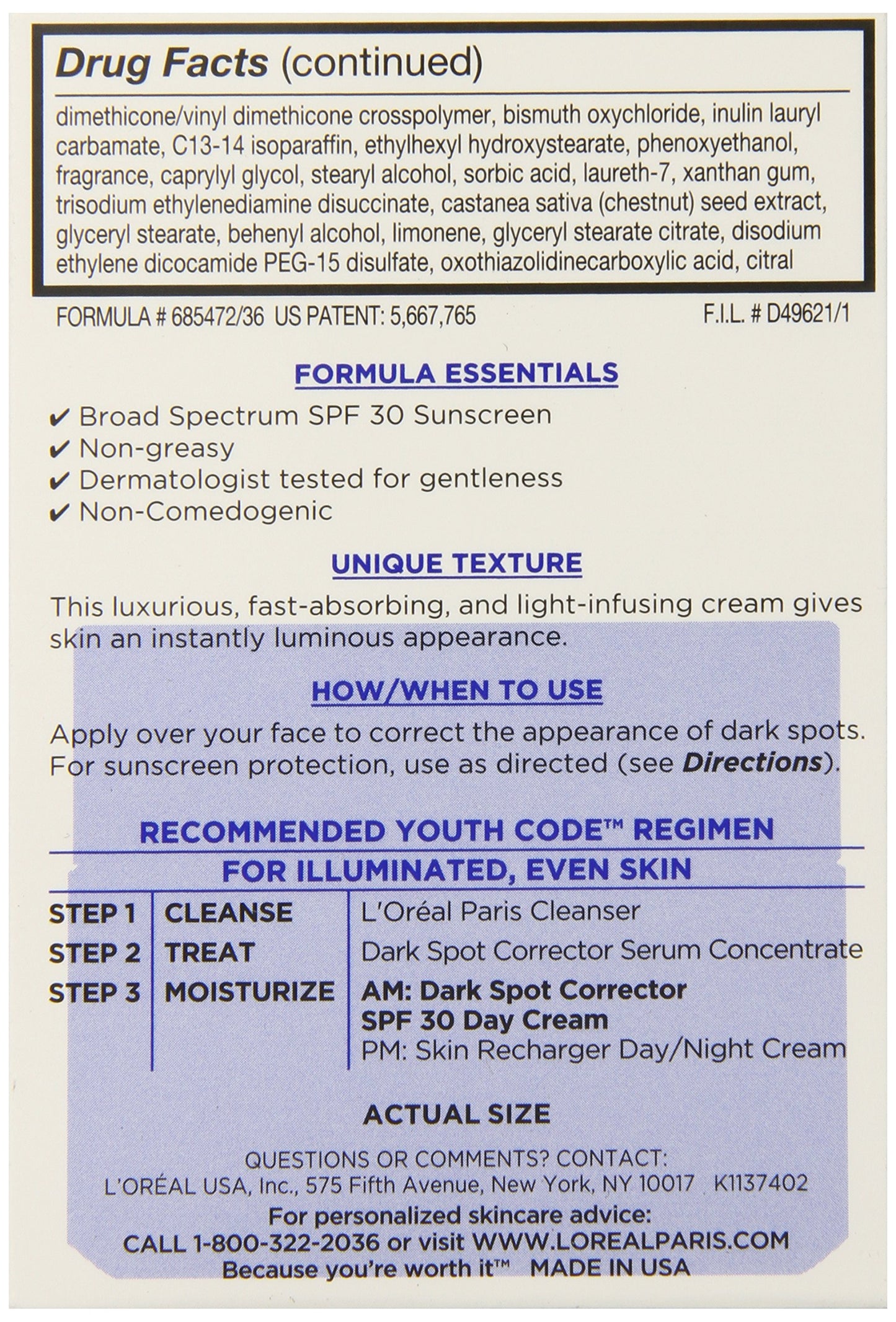 Dark Spot Corrector Face Moisturizer with SPF 30 for Even Skin Tone by L’Oreal Paris, Youth Code Anti-Aging Day Cream, Non-greasy, 1.7 oz.