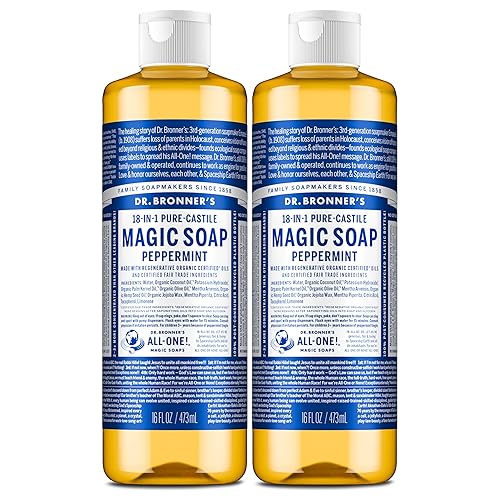 Dr. Bronner's Magic Soap-Pure-Castile Liquid Soap (Peppermint, 16 ounce, 2-Pack)-Regenerative Organic Certified Oils, 18-in-1 Uses: Body, Hair