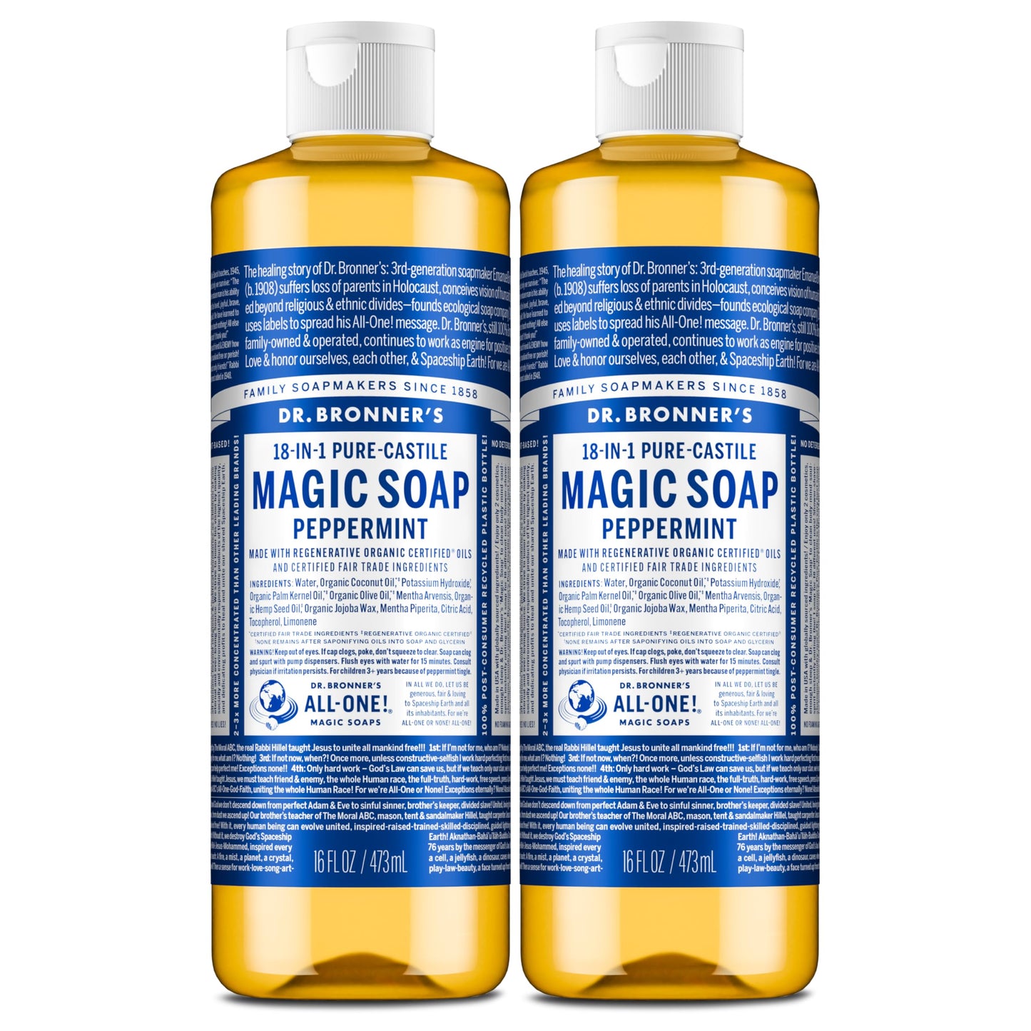 Dr. Bronner's Magic Soap-Pure-Castile Liquid Soap (Peppermint, 16 ounce, 2-Pack)-Regenerative Organic Certified Oils, 18-in-1 Uses: Body, Hair