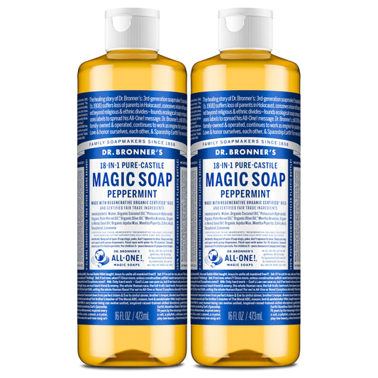 Dr. Bronner's Magic Soap-Pure-Castile Liquid Soap (Peppermint, 16 ounce, 2-Pack)-Regenerative Organic Certified Oils, 18-in-1 Uses: Body, Hair