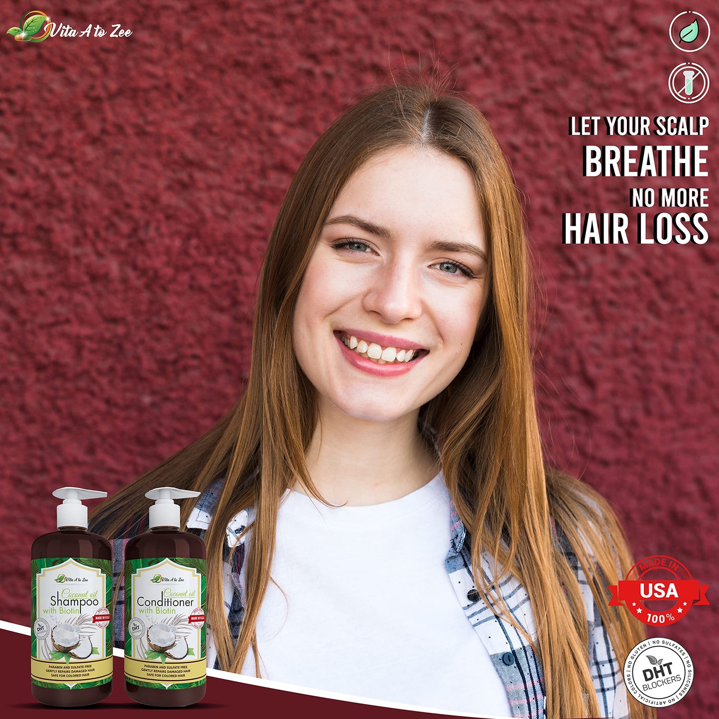 Vita A to Zee Coconut Oil Shampoo & Conditioner with Biotin, Aloe Vera (2 x 16.9 Fl Oz) - Hair Regrowth Shampoo Conditioner for Dry, Frizzy & Coarse
