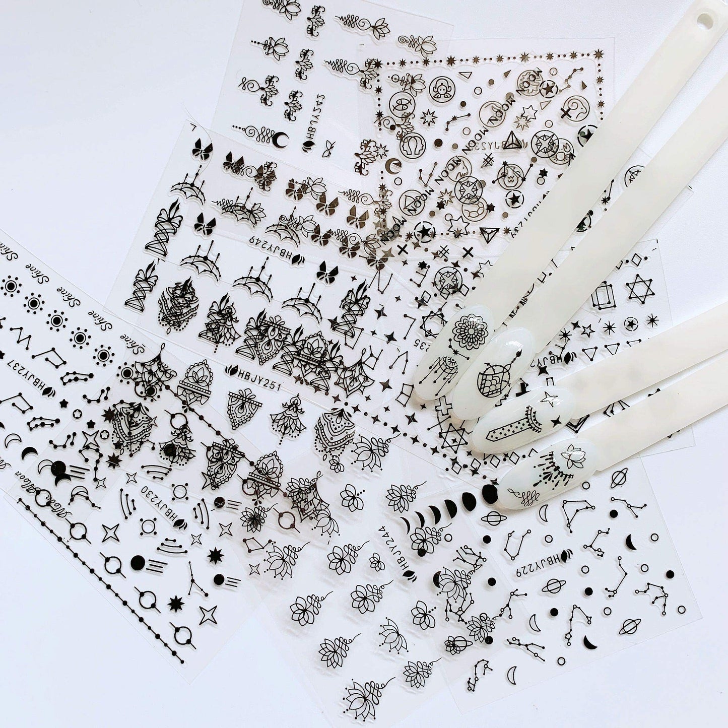 NAIL ANGEL 24 Sheets Nail Art Black Sticker Moon and Star Universal Flower Shapes Different Patterns Mix Sticker Sheets 10056