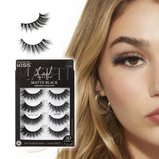 KISS Matte Black, False Eyelashes, 'Matte Twill', 14mm, Includes 4 Pairs Of Lashes, Easy to Apply, Reusable Lash Clusters