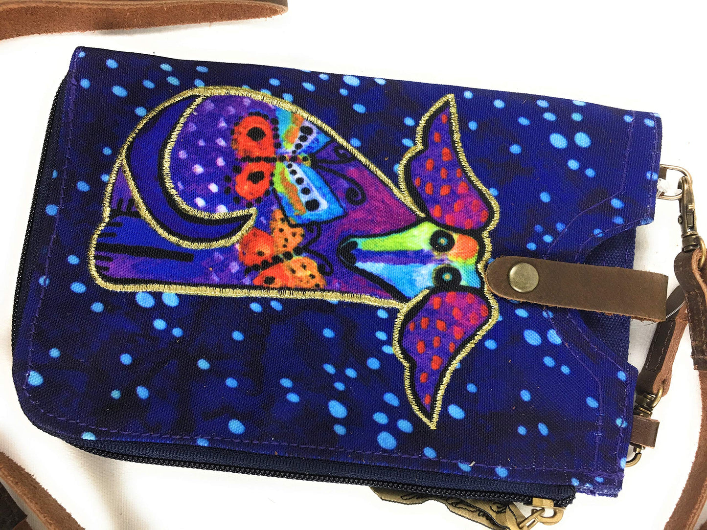 Laurel Burch Crossbody Cell Phone Purse - Women Cotton Canvas Multicolor Handbag with Genuine Leather Adjustable Strap (F. Pup & Butterflies)